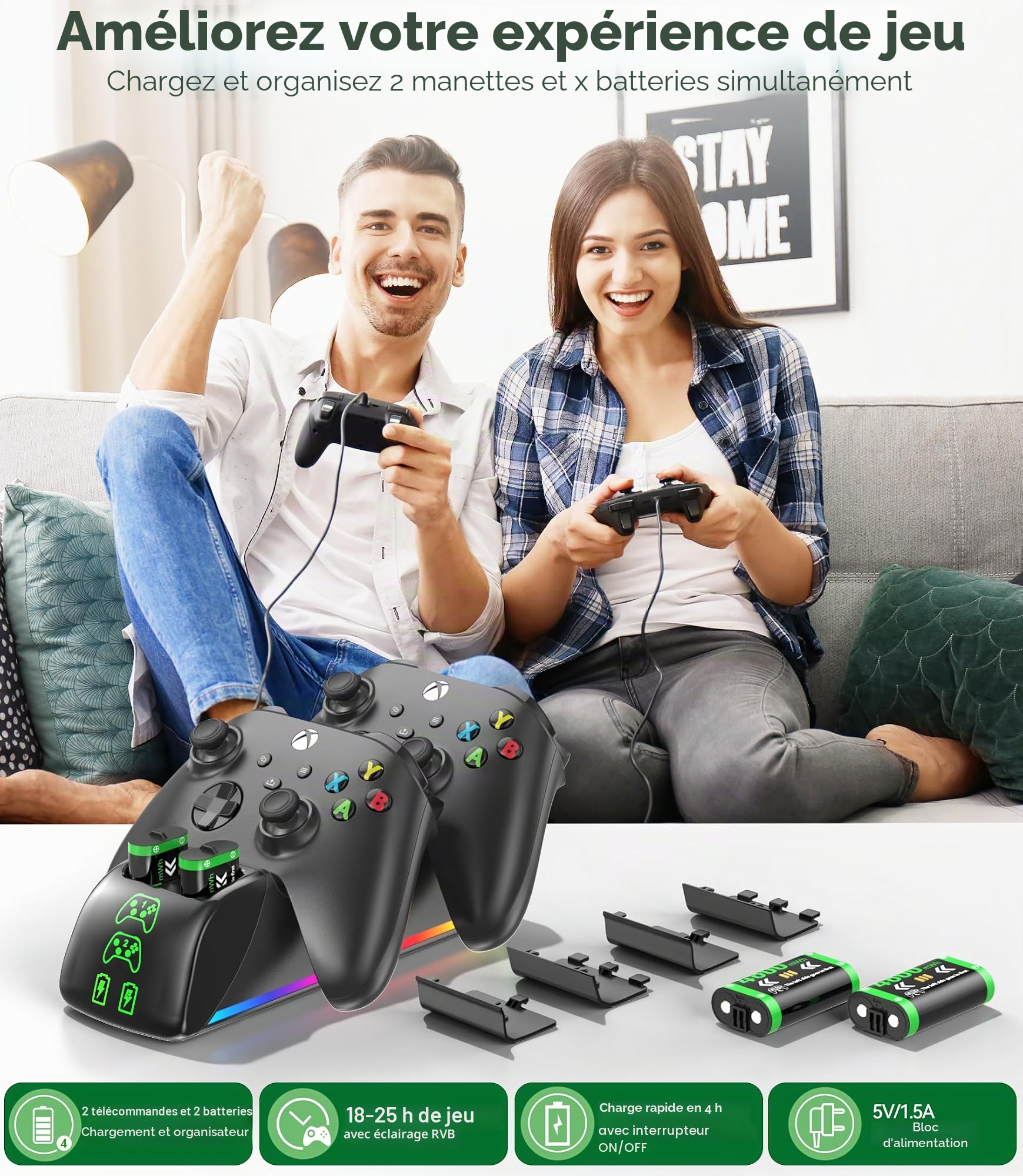 Station de Charge Manette Xbox avec 4 Piles Rechargeables 5520mAh, Chargeur Rapide pour X-Box Series X/S, X-Box One/X/S/Elite avec 4 Batteries, Accessoire Xbox avec 9 Modes Lumières RVB