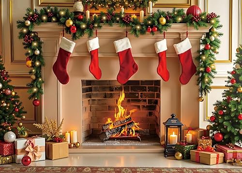 Miniatura 2 de Telón de fondo para chimenea de Navidad, Navidad, con medias de árbol de Navidad, para sala de estar, chimenea, fondo de fotografía, Nochebuena,