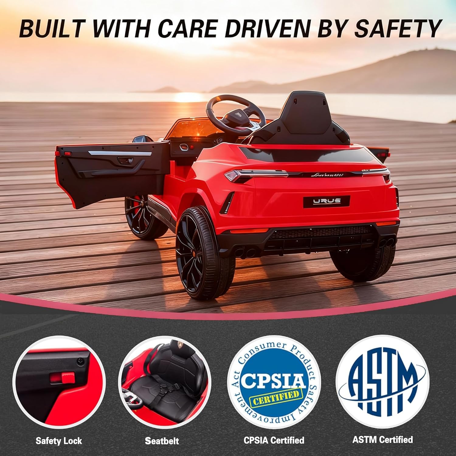 Rock Wheels Licensed Lamborghini Urus Ride On Truck Car Toy, 12V Battery Powered Electric 4 Wheels Kids Toys w/Parent Remote Control, Foot Pedal, Music, Aux, LED Headlights, 2 Speeds (Red)