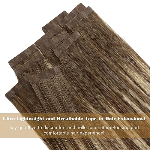 Miniatura 4 de Ve Sunny Extensiones de cabello humano con cinta adhesiva, balayage, color marrón medio, rubio platino y marrón, extensiones de cabello con cinta