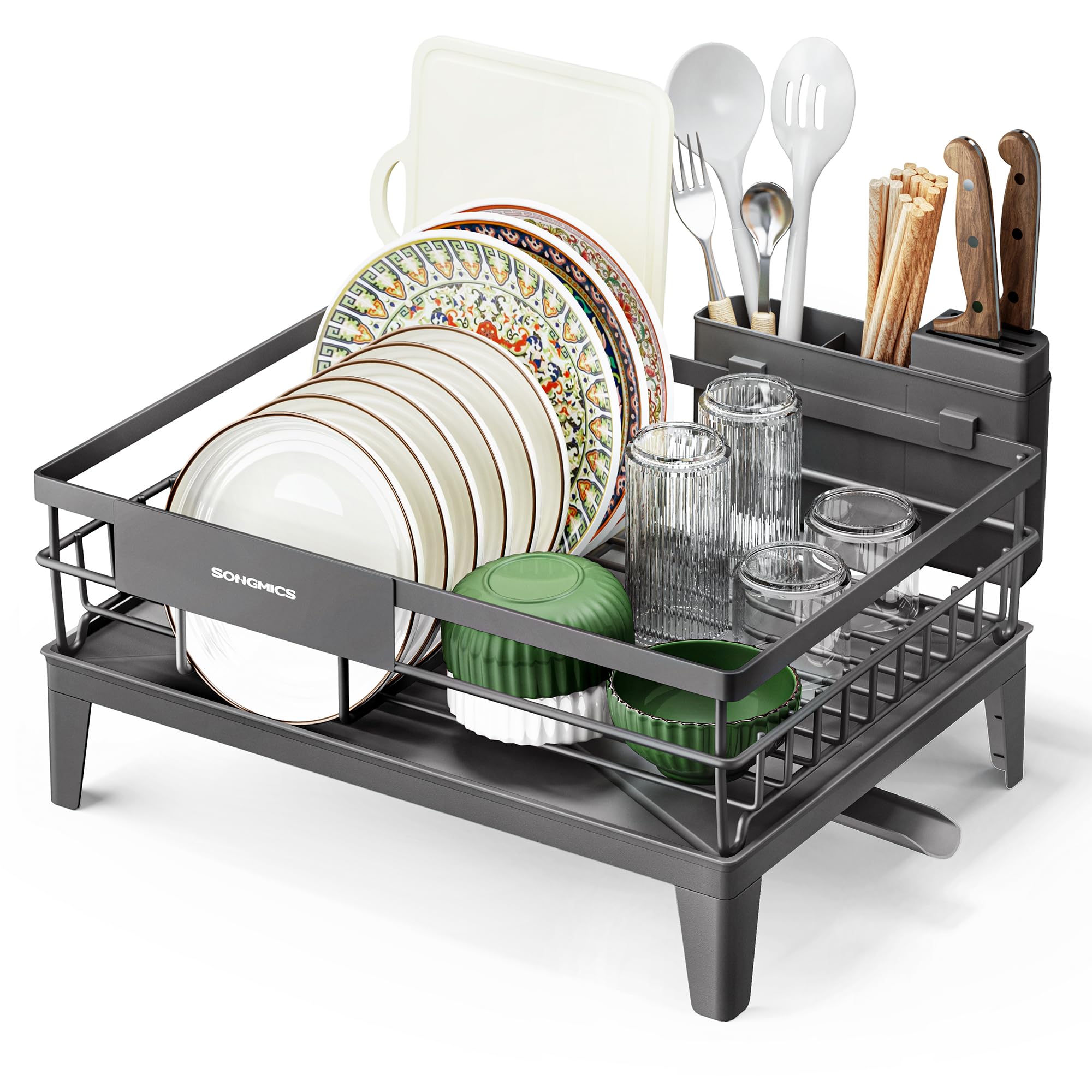SONGMICS Escurreplatos, Escurridor para Encimera de Cocina, Giratorio 360° y Extensible, con Soporte para Cubiertos, 31 x 42 x 18,5 cm, Gris Ahumado KCS550GT01