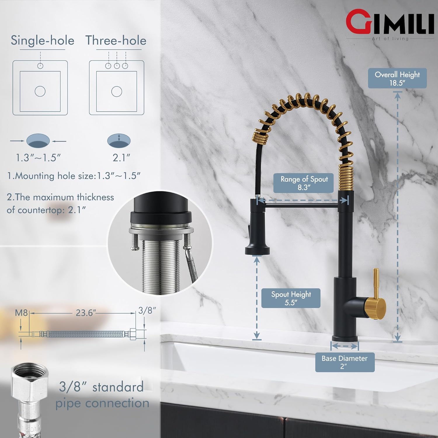 GIMILI Black and Gold Kitchen Faucet with Pull Down Sprayer Single Hole Stainless Steel Sink Faucet, Suitable for Farmhouses, RV, Laundry Room, Outdoor, and Campers. Llave para fregadero de cocina - Image 2