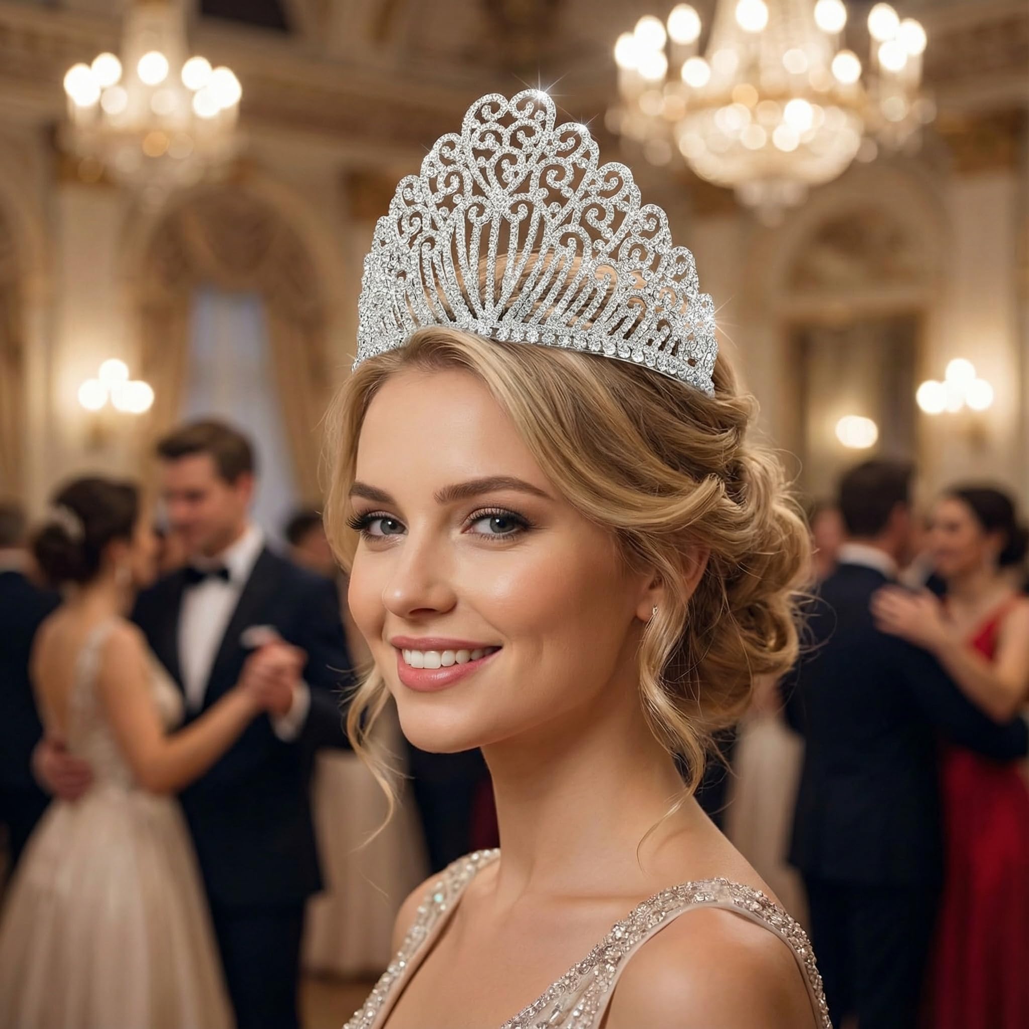 QXMYOO Diadema da donna extra large con cristalli austriaci trasparenti, tiara argentata, corona di regina, grande corona con strass per compleanno