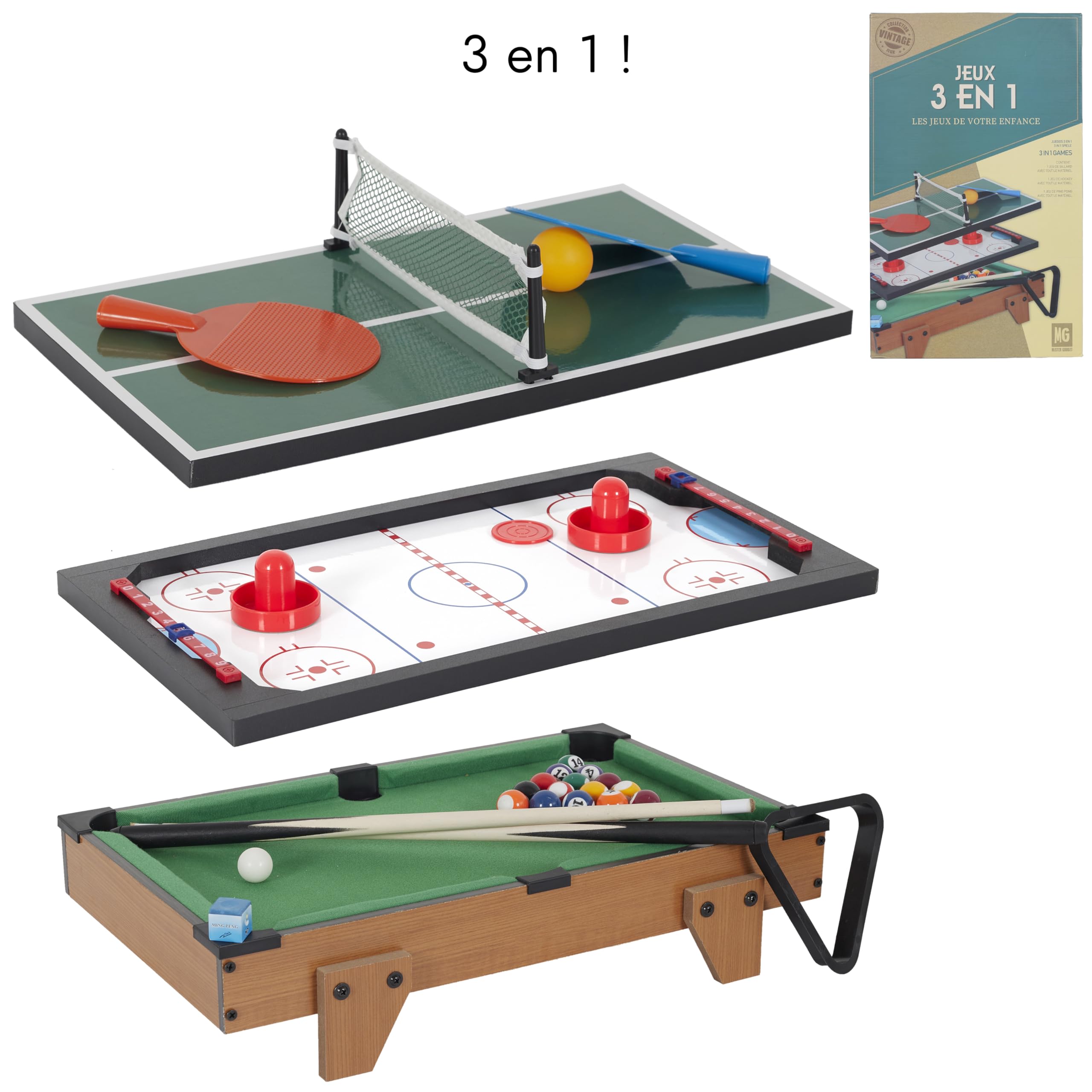 MISTER GADGET, MG3487, 3-in-1-Spieltisch Braun, Grün, Billard, Tischtennis, Hockey, Perfekt für Spieleabende mit Freunden oder der Familie, Lachen und Entspannung sind garantiert.