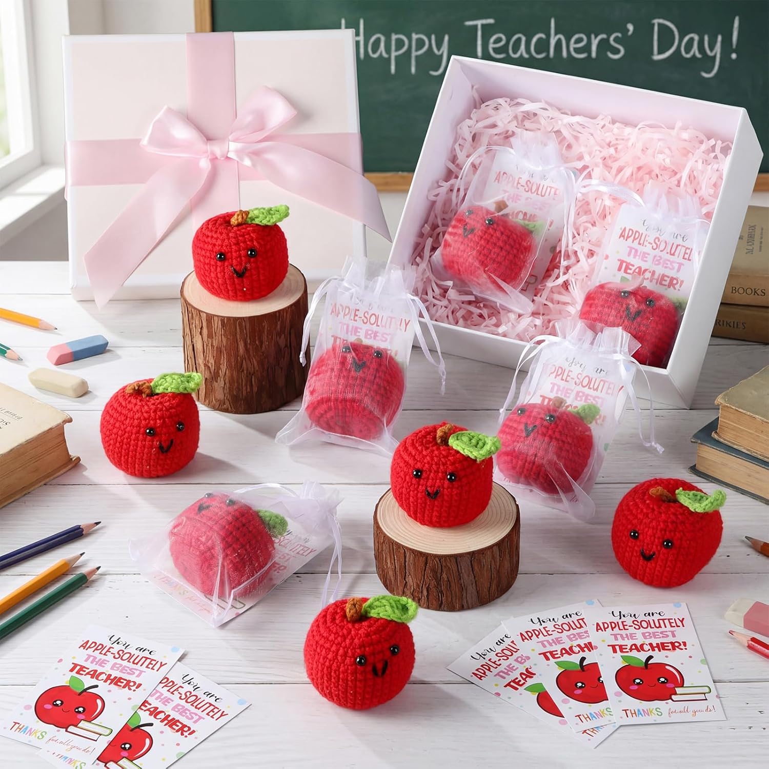 Jerify 12 Set Teacher Gifts Bulk- Crochet Apple with Thank You Cards Positive Mini Handmade Crochet Fruit Appreciation Gifts Bulk for Teachers' Day Party Favor Coworker Graduation Office