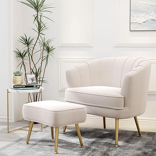 Andeworld Silla decorativa de terciopelo con otomana, silla auxiliar moderna tapizada para sofá, sillón de sala de estar con patas de metal dorado