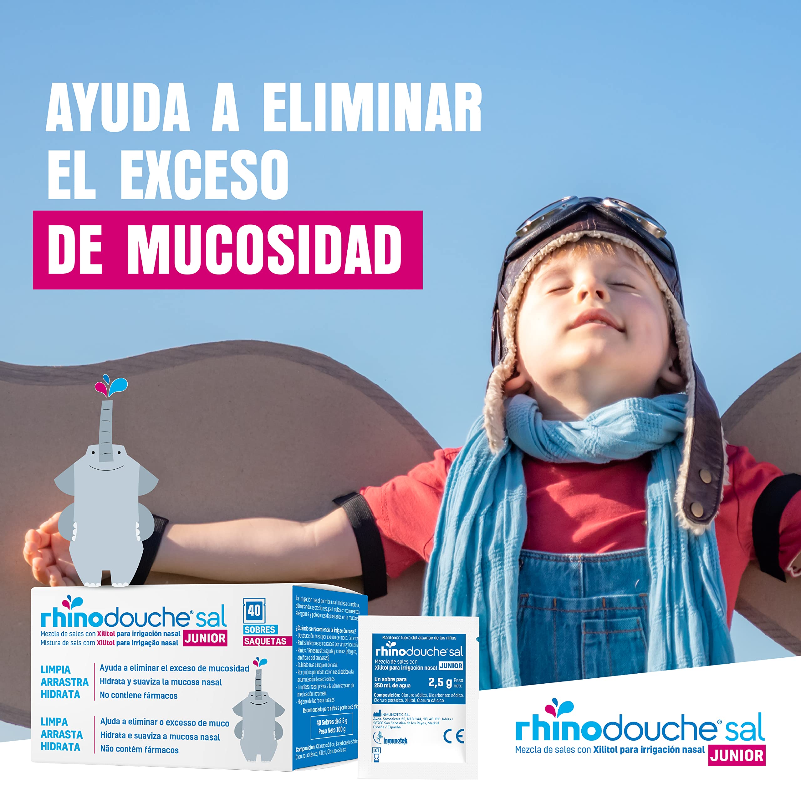 RHINODOUCHE Sal Junior. 40 sobres de 2,5g que contienen una mezcla de sales con xilitol para llevar a cabo irrigación nasal con el dispositivo RHINODOUCHE Junior.(Dispositivo no incluido)