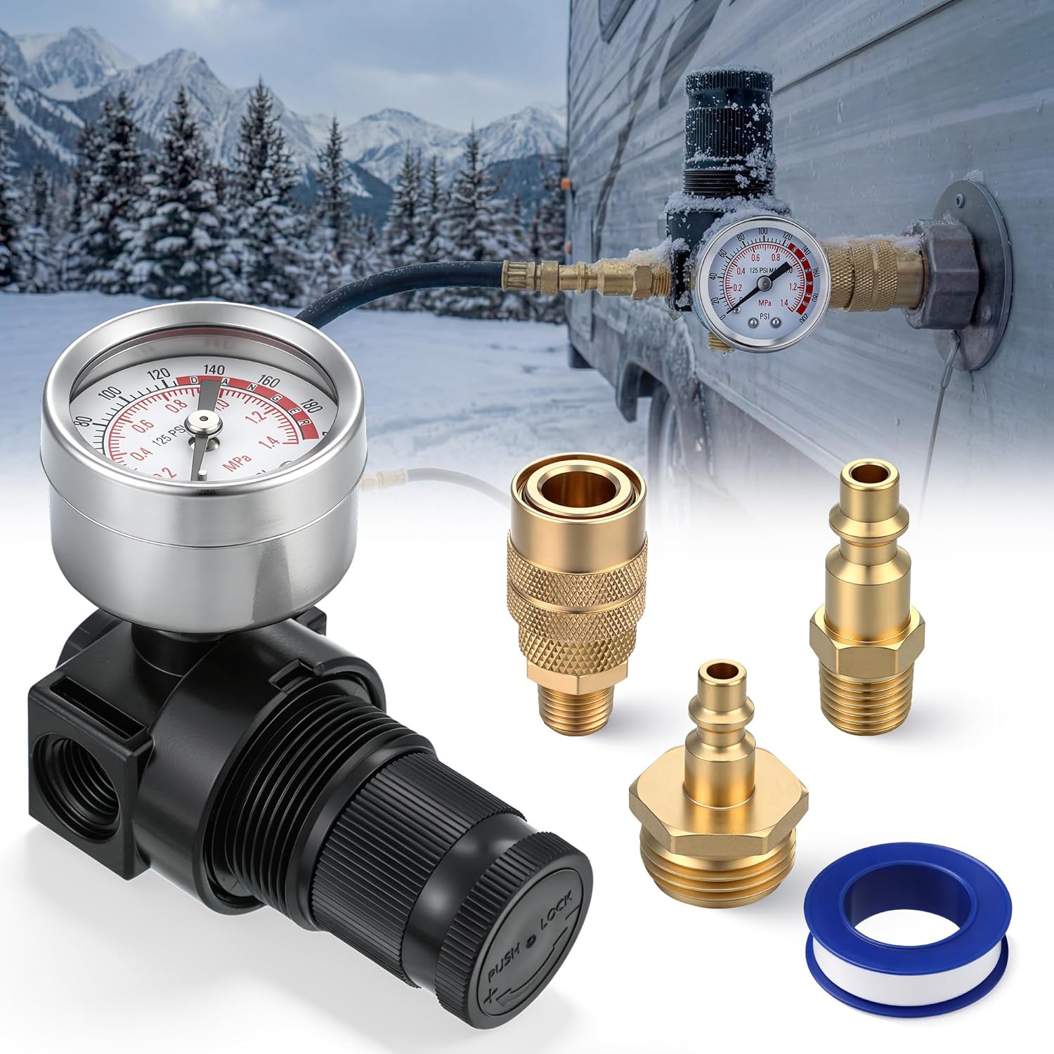 Dreyoo RV Winterization Blowout Kit with Pressure Regulator & Gauge, Air Compressor to RV City Water Adapter, with 3/4" Blowout Fitting & 1/4" Quick Connect Plug, for Camper, Travel Trailer, Motorhome