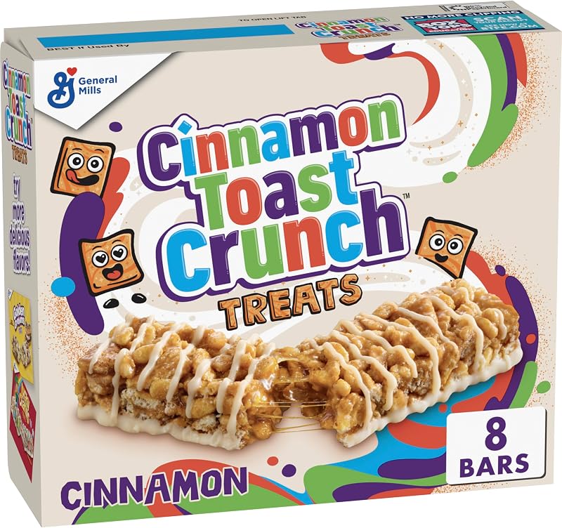 Barras de cereales crujientes con canela y tostadas, barras de refrigerio, 8 unidades, 6,8 oz | Cuadrados de cereales con glaseado y cobertura cremosa, buena fuente de calcio, envueltos individualmente