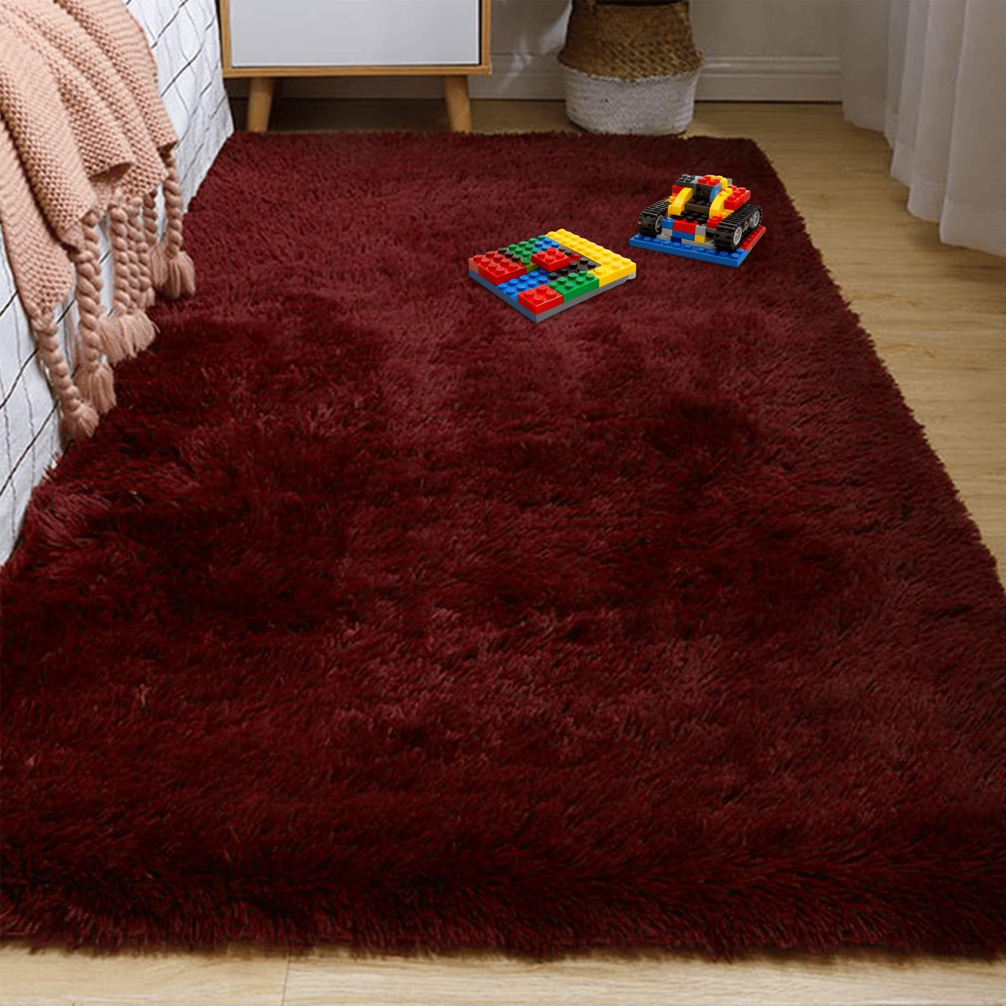 Tapis de chambre adulte grand format shaggy salon vin rouge