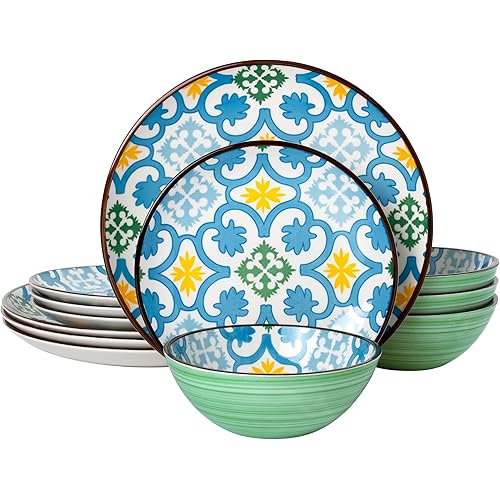 “Harper” 12-piece Porcelain Bohemian Style Dinnerware Set, Service for 4, Blue and Yellow