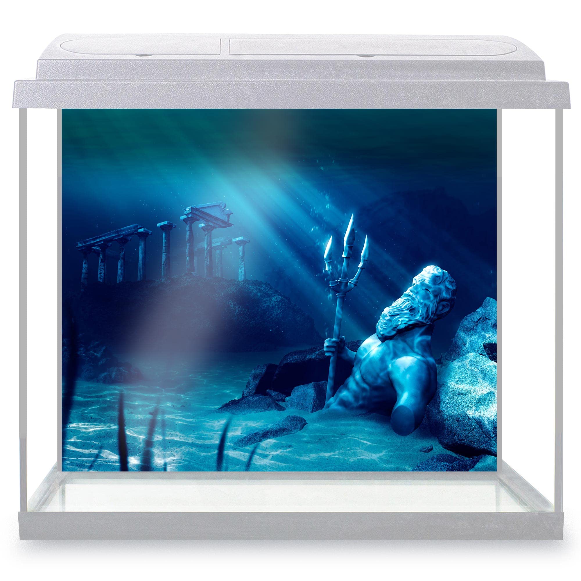DV DESIGN Aquarium Fish Tank Background 62x52 cm - Atlantis Underwater City Poseidon Water Neptune Statue Ancient Static Cling Vinyl Vivarium Terrarium External Application #500024