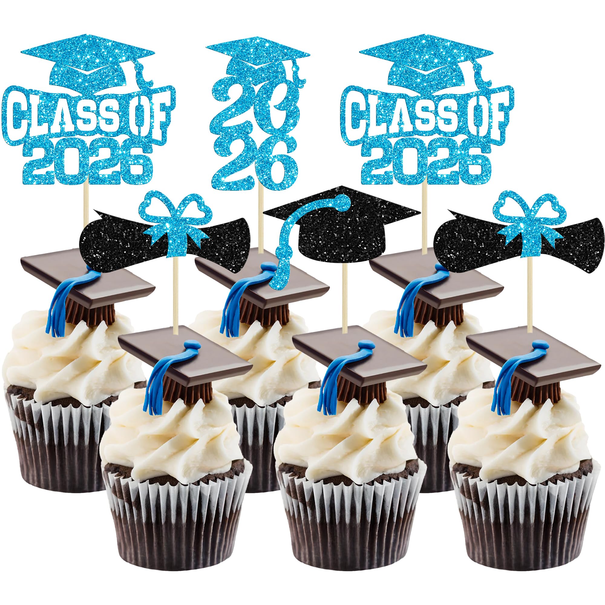 Ephlyn 36Pcs 2026 Graduation Theme Cupcake Toppers Glitter Class of 2026 Cupcake Picks Diploma Grad Cap Cake Decorations for 2026 Graduation Theme Party Supplies Lake Blue