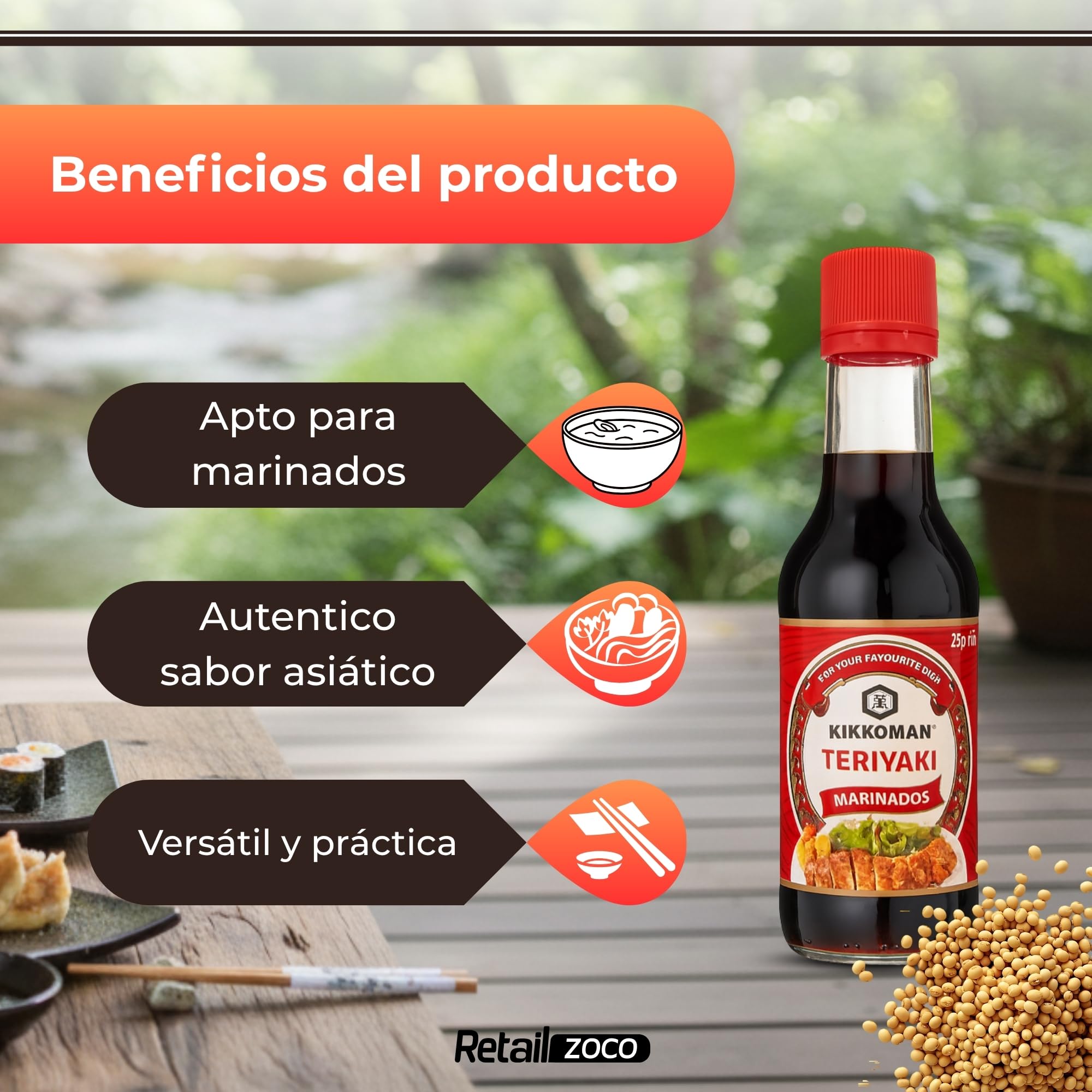 Salsa Teriyaki Marinada, Salsa Japonesa, Apta para cualquier tipo de carnes, pescados y brochetas a la brasa o asadas, ingredientes 100% naturales, Ideal para carnes, pescados y verduras, 250 ml