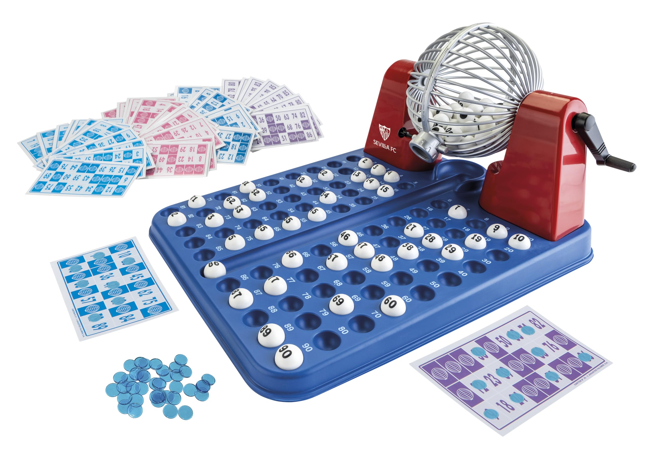 Falomir Bingo XXL Sevilla CF Premium mit automatischer Trommel und unheimlichen Bällen, ab 8 Jahren, Spaß für die ganze Familie, 48 Karten