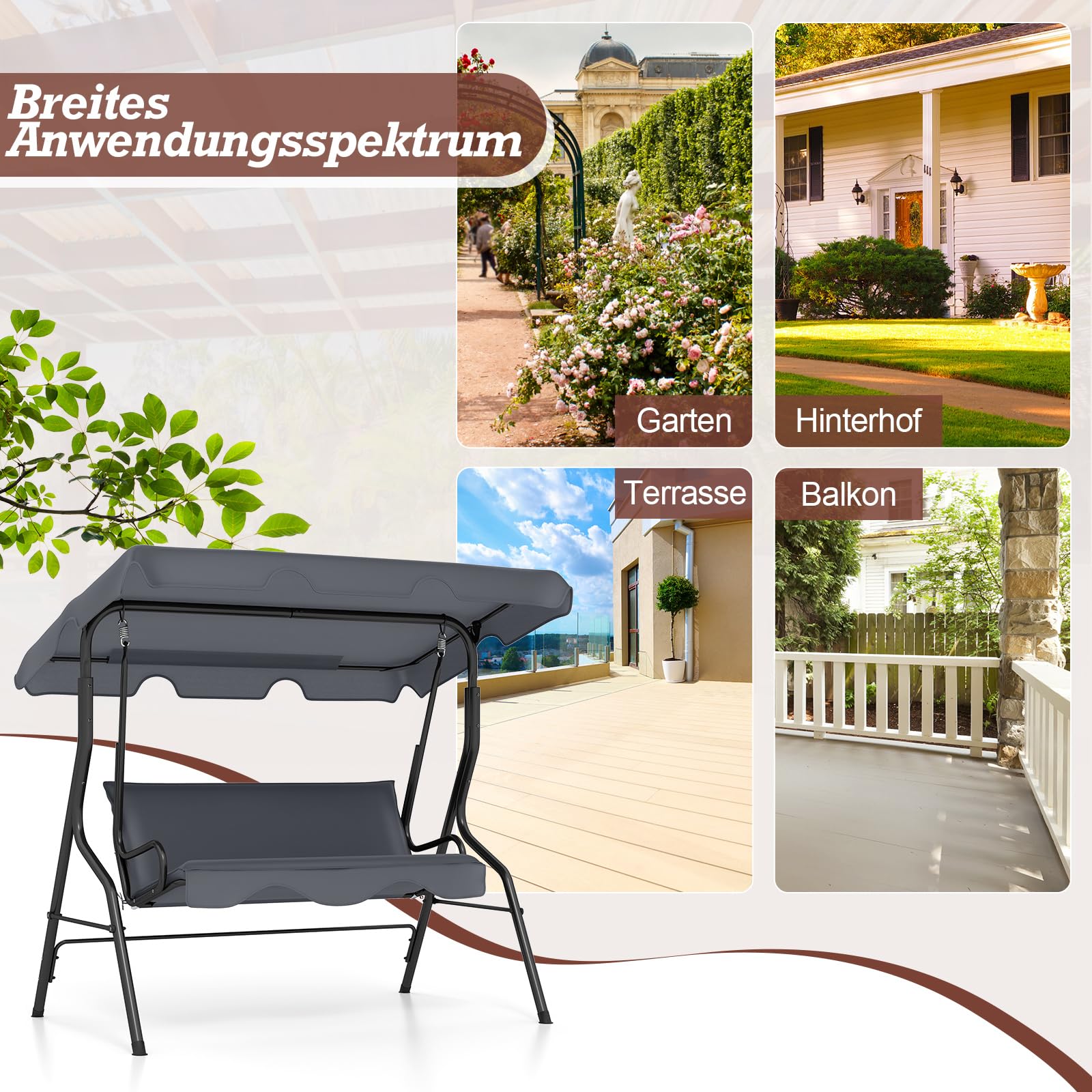 RELAX4LIFE Hollywoodschaukel 3-Sitzer, Schaukelbank mit verstellbarem Sonnendach, Gartenschaukel Stahl, Gartenliege für Garten & Terrasse & Balkon, stabile Gartenbank, Schaukel Farbewahl (Grau)