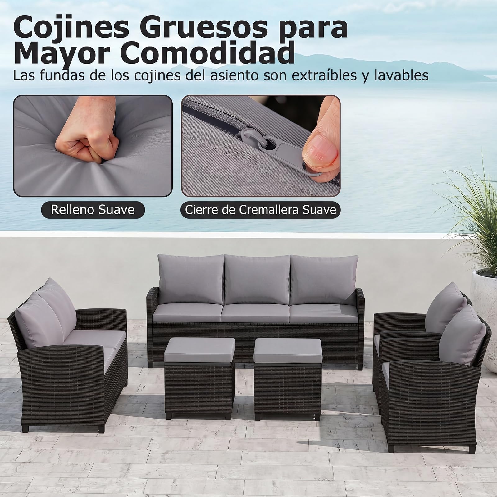 COSTWAY Conjunto Jardín de Ratán de 6 Piezas, Muebles Jardín Exterior con 2 Sofás, 2 Sillones, 2 Reposapiés, 16 Cojines Acolchados, Juego de Conversación para Terraza, Patio, Piscina (Gris)