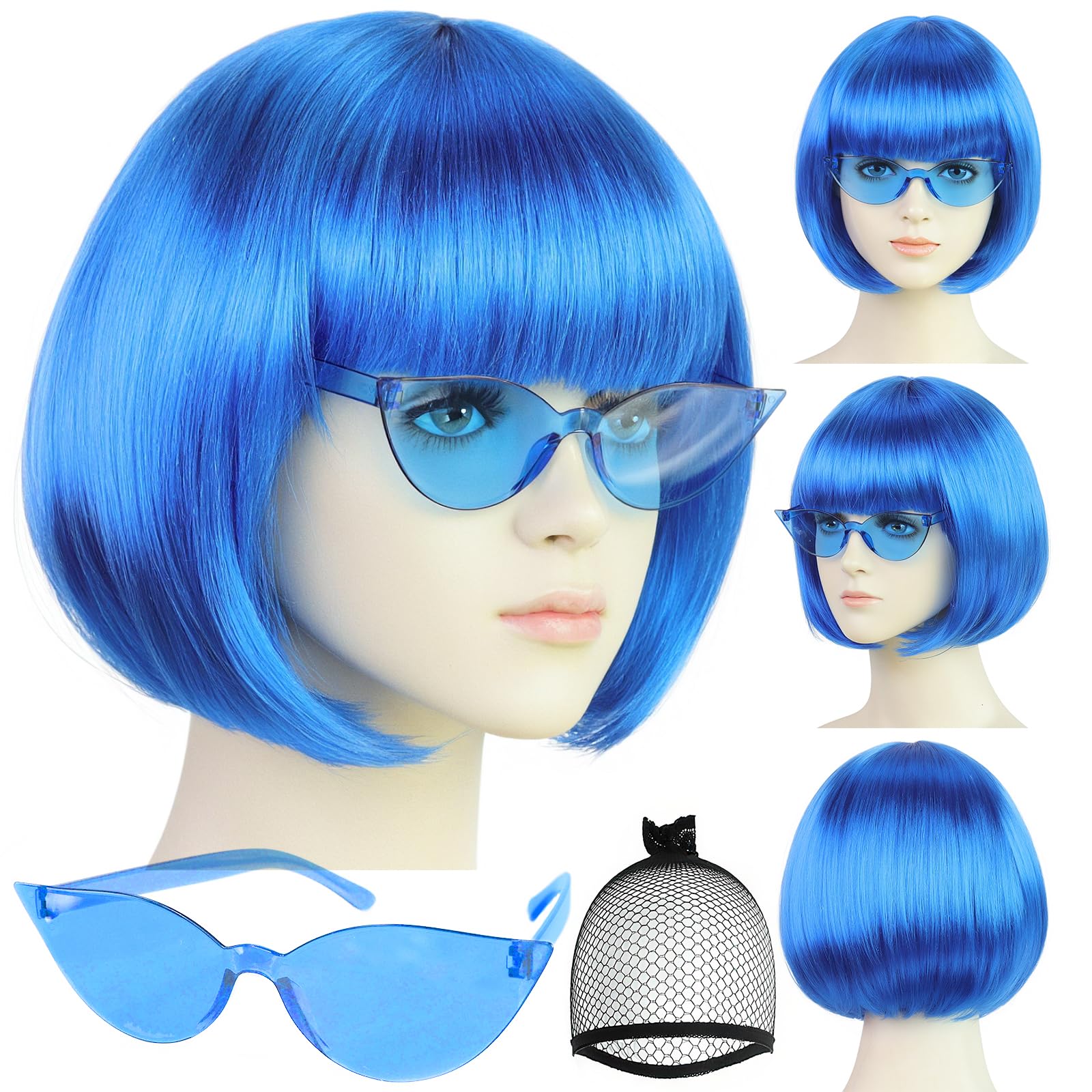 Short Blue Wig with Bangs 3 Pcs Dark Royal Blue Bob Wig Colorful Wigs for Women Natural Straight Funny Wigs for Women Party Cosplay Outfit Costume Halloween + Sunglasses + clarahead Hair Cap