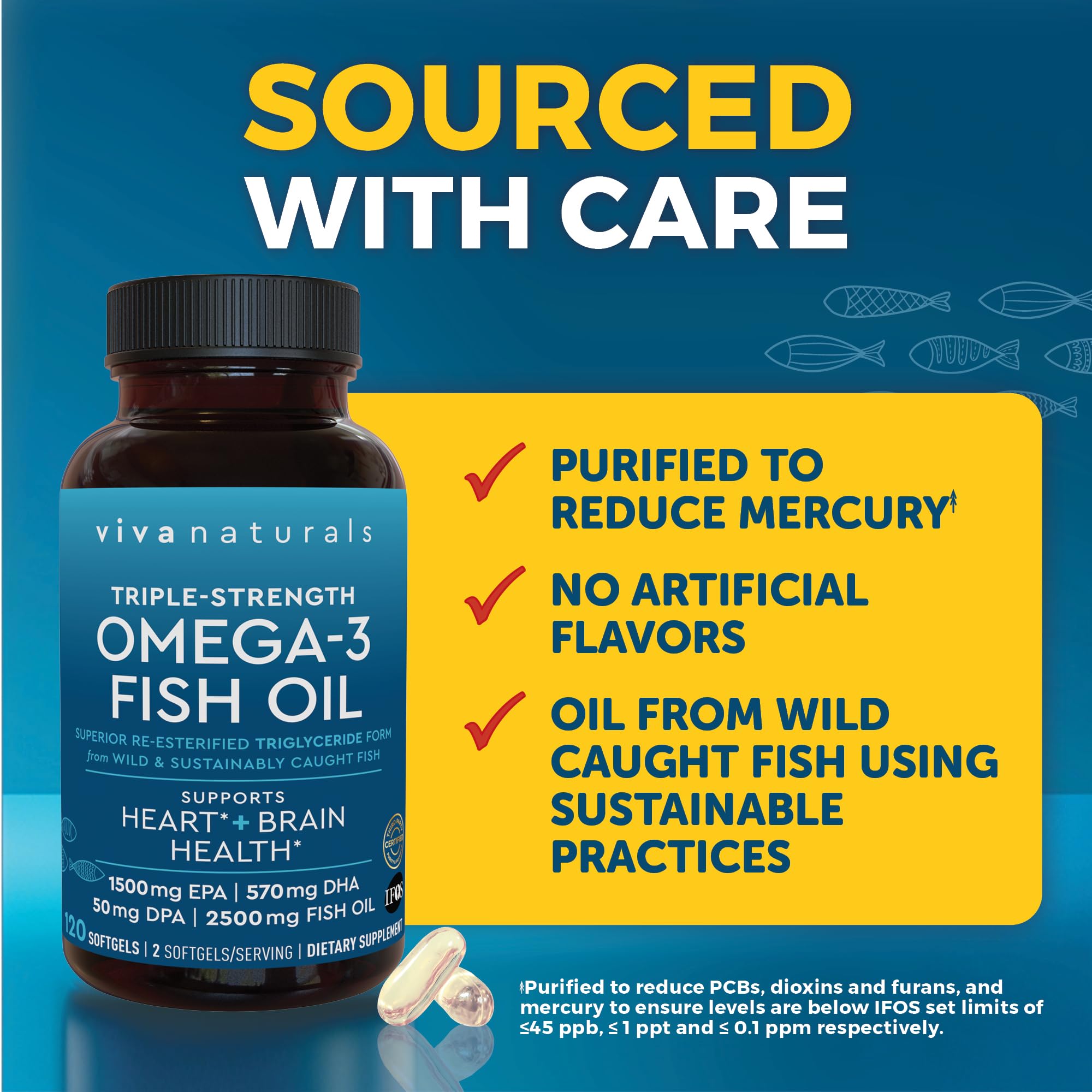 Viva Naturals Omega 3 Fish Oil Supplement for Women and Men - 2500 mg Triple Strength Fish Oil Pills with Re-Esterified Omega 3 Fatty Acids Including EPA, DHA DPA - 120 Pescatarian-Friendly Softgels