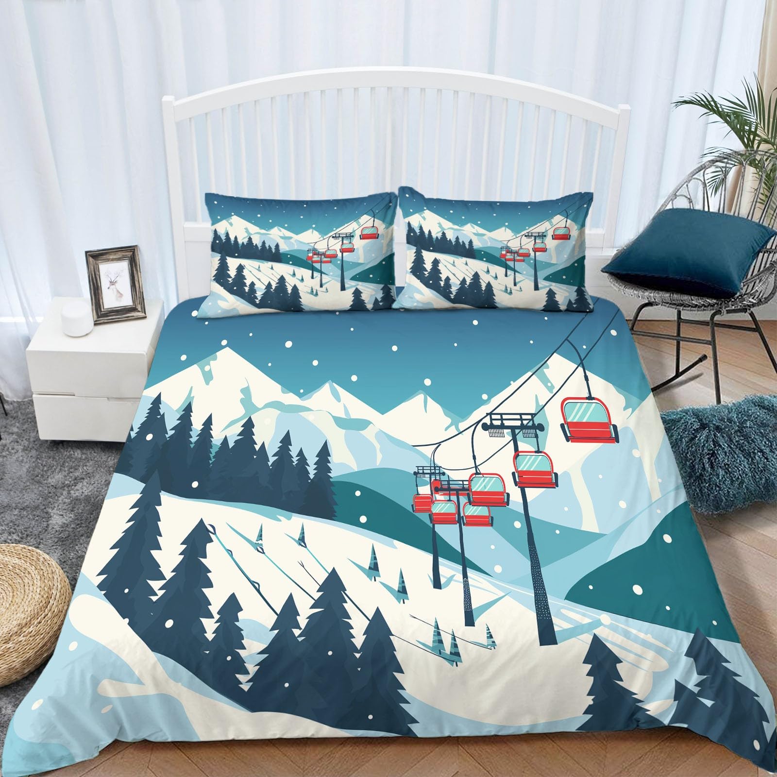 Snow Mountain Pine, komplet pościeli, 220 x 240 cm, niebieska pościel, miękka mikrofibra, dla alergików, 3-częściowy, poszwa na kołdrę z zamkiem błyskawicznym, dla nastolatków i dorosłych