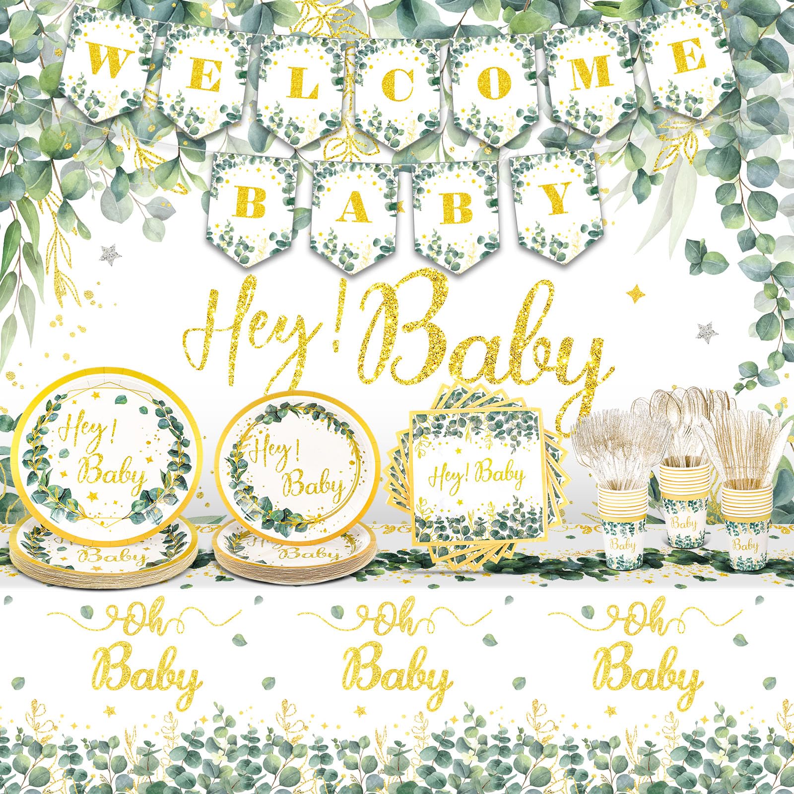 Tioncy 172 Pcs Baby Shower Decorations for Girl Party Supplies Floral Baby Shower Plates Napkins Banner Tablecloth Tableware Set for 24 Guest(Leaves)