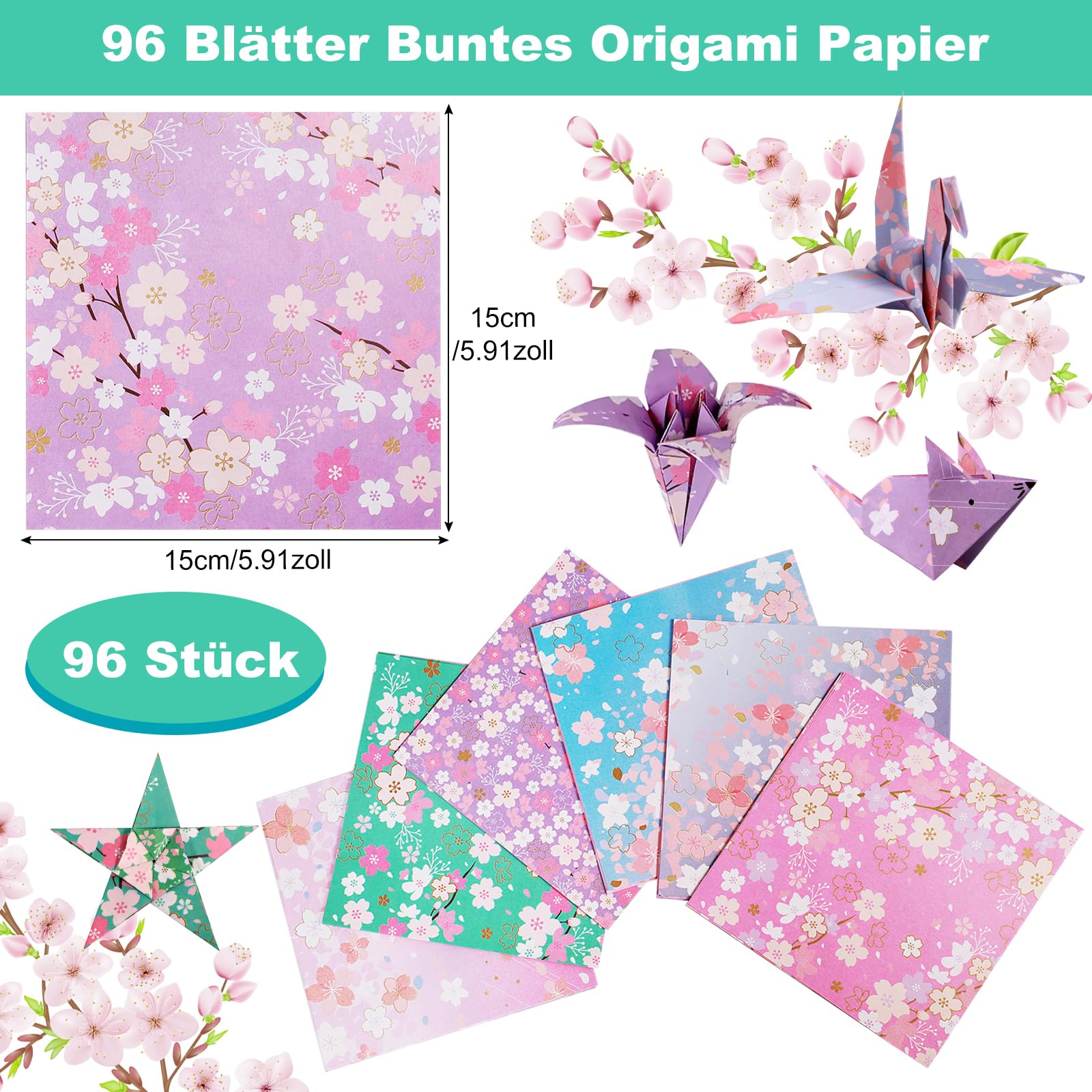 Papier Origami Fleurs Cerisier - 120 Feuilles 15x15cm - Double Face - 8 Motifs - Pour Artisanat Et Loisirs Créatifs