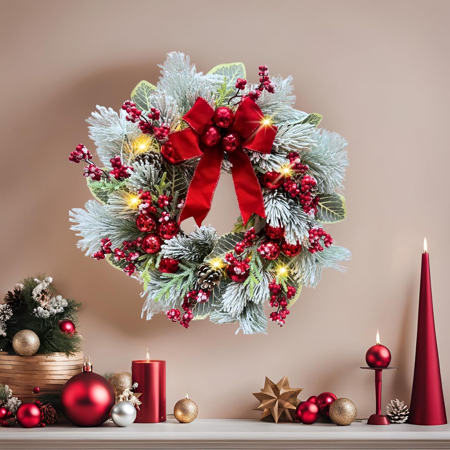 22 Inch Lighted Snow Flocked Christmas Wreath with Red Bow Ball Ornaments PineCones Berries Holiday Hanging Decoration for Door, Wall, Mantel - Image 4
