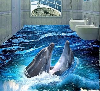 Wall Mural Wallpaper 144 x 100 inch (Width x Height) 3D PVC Flooring Custom Floor Wall Paper Dolphin 3D Bathroom Flooring Stereograph Mural Photo Wallpaper for Walls 3D