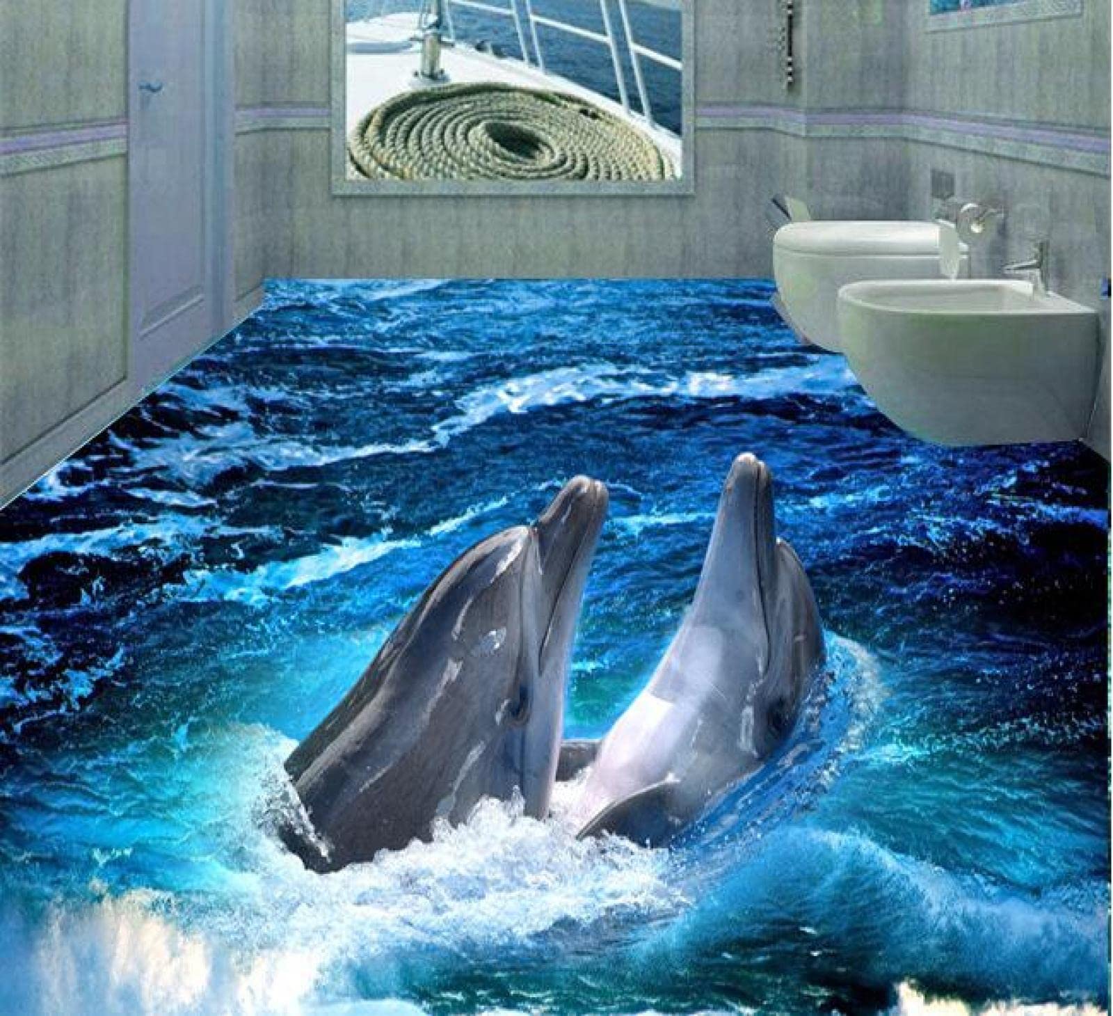 Wall Mural Wallpaper 108 x 75 inch (Width x Height) 3D PVC Flooring Custom Floor Wall Paper Dolphin 3D Bathroom