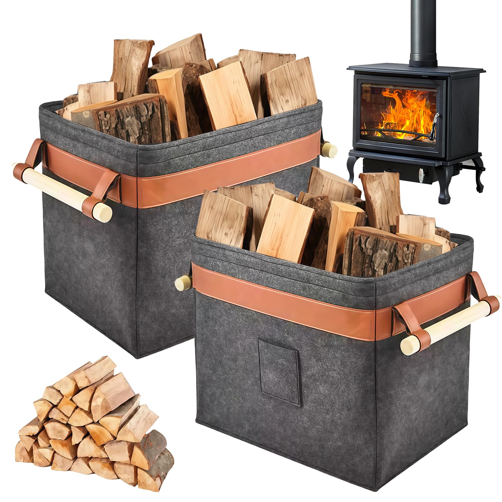 Lot de 2 paniers en feutre pour bois de chauffage 42x32x35 cm gris foncé
