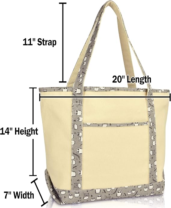 DALIX 20 Large Gray Owl Tote Shoulder Bag Natural Cotton Canvas