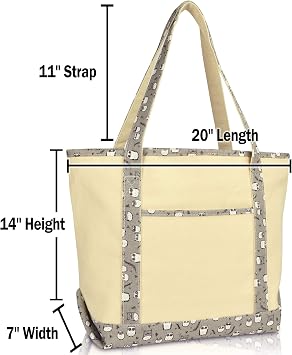 DALIX 20 Large Gray Owl Tote Shoulder Bag Natural Cotton Canvas