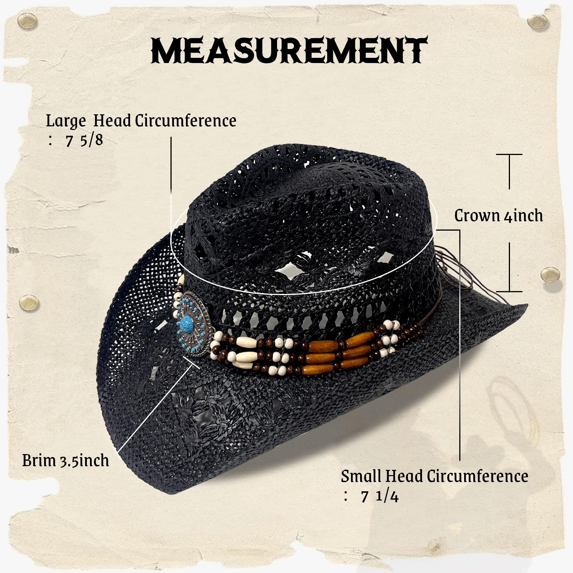 Sombrero Cowboy Vaquero de Paja para Hombre con diseño Tejido Transpirable, Ideal para Verano, Rodeo, Fiesta y Disfraces