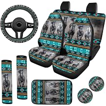 Horse Car Seat Covers 10 Pieces Set Matching Steering Wheel Cover, Center Console Cover, Seat Belt Cover Pad & Cup Mat - Tribal Seat Back Protector Universal Fit Most Sedans Trucks SUVs