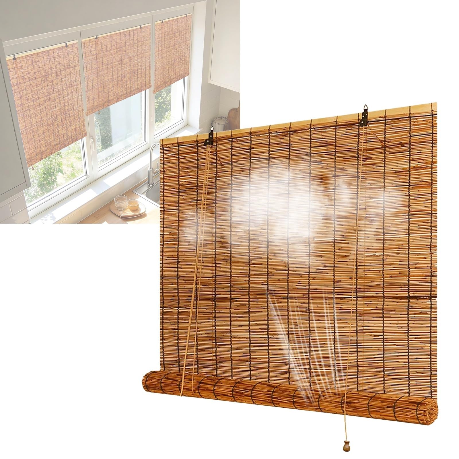 CMJYMX Customizable Porch Blackout Roller Blinds, 24" 36" 48" 60" 72" Wide Breathable Bamboo Roll Up Shades Indoor & Outdoor Privacy Screen With Lift(110x180CM/43x71IN(WxH))