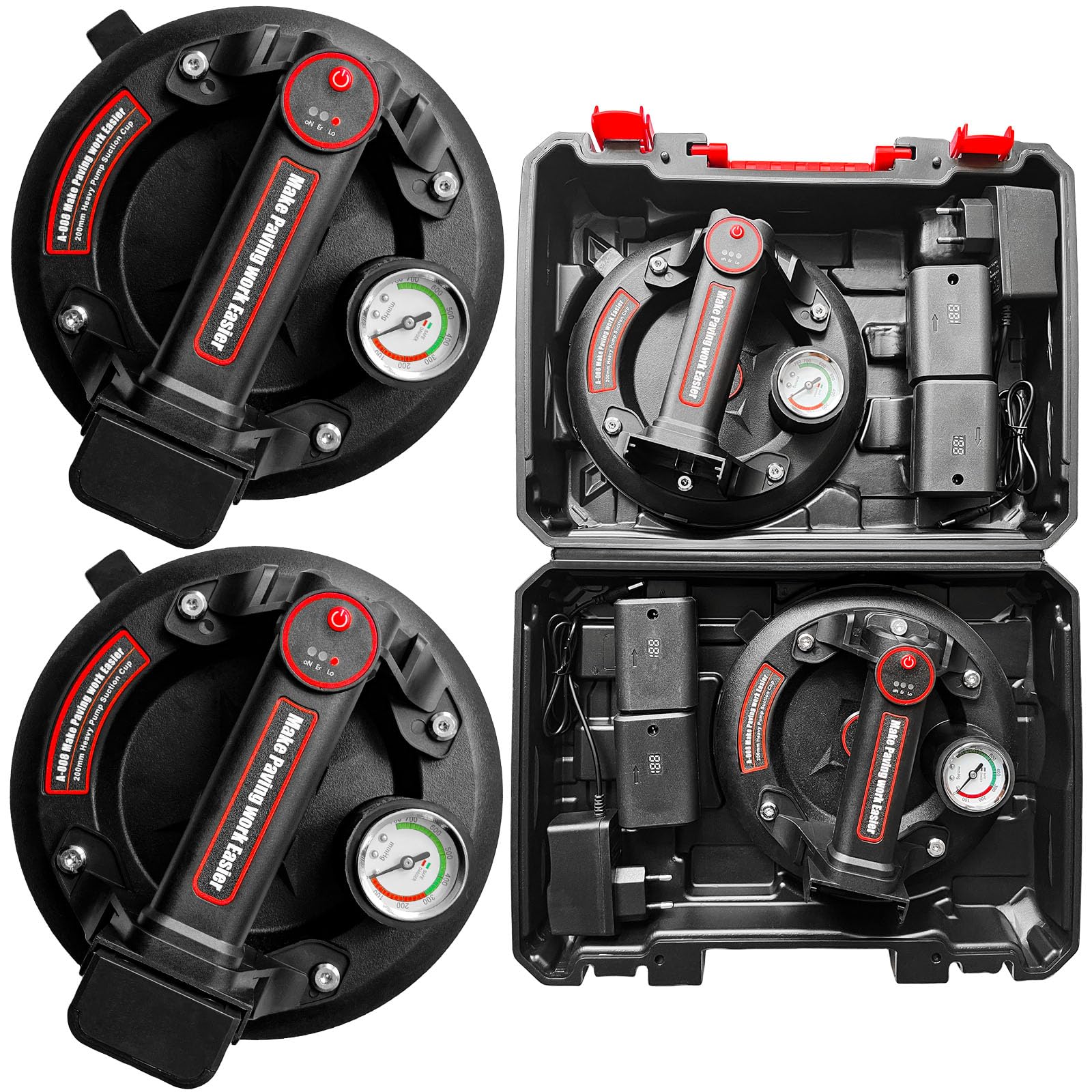DURDUR 2 Pack 8" Saugheber Akku Fliesenheber mit Manometer 250KG|Akku x4,Elektrischer Saugheber Tragkraft,Dreigiges Pad Vakuum Glasheber für Transport von Aquarium,Fliesen, glas,Platten