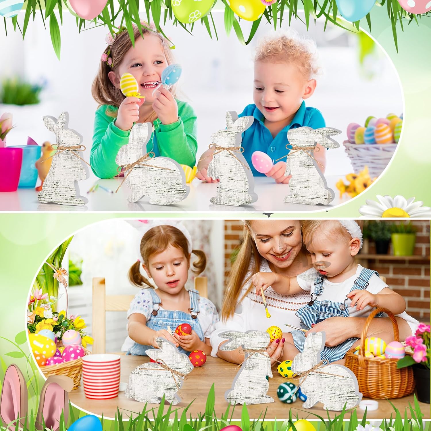 Bememo 6 Pcs Easter Table Decorations Bunny Wooden Signs Tabletop Centerpiece Easter Tiered Tray Decor Farmhouse Rabbit Decorations for Home Kitchen Office Rustic Party Gifts(Classic) - Image 4