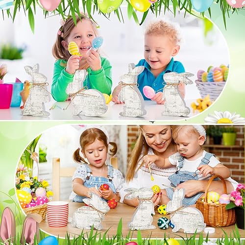 Miniatura 4 de Bememo 6 letreros de madera de conejo de Pascua, adorno de conejo de madera con cuerdas, decoraciones clásicas de Pascua en forma de conejo rústico,