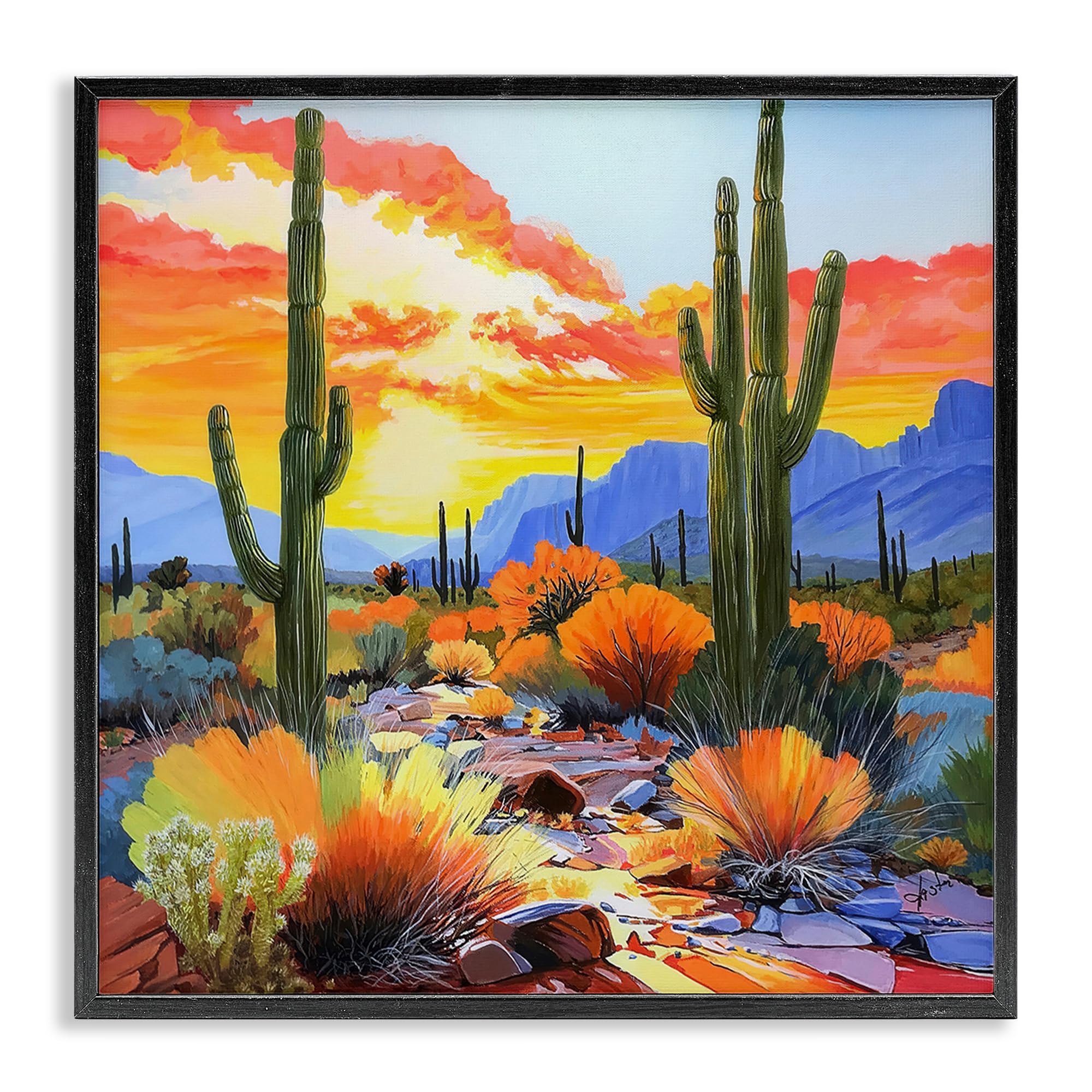 Stupell Industries Midnight Black (Textured) Desert Cactus Sunset Landscape, 24 X 24 Inch Framed Giclée Print