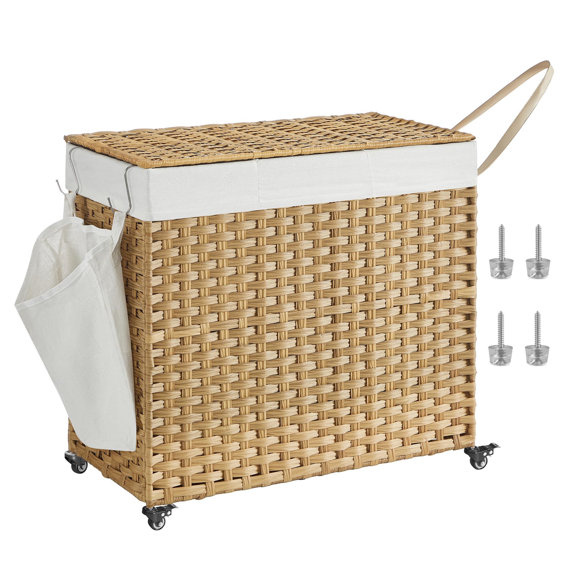SONGMICS Panier à Linge avec Couvercle, 160L, Corbeille Linge Sale Tressé, avec roulettes, 3 Compartiments, Sac Intérieur Amovible, pour Buanderie, Chambre, 70 x 36 x 66 cm, Couleur Boisée LCB365N01