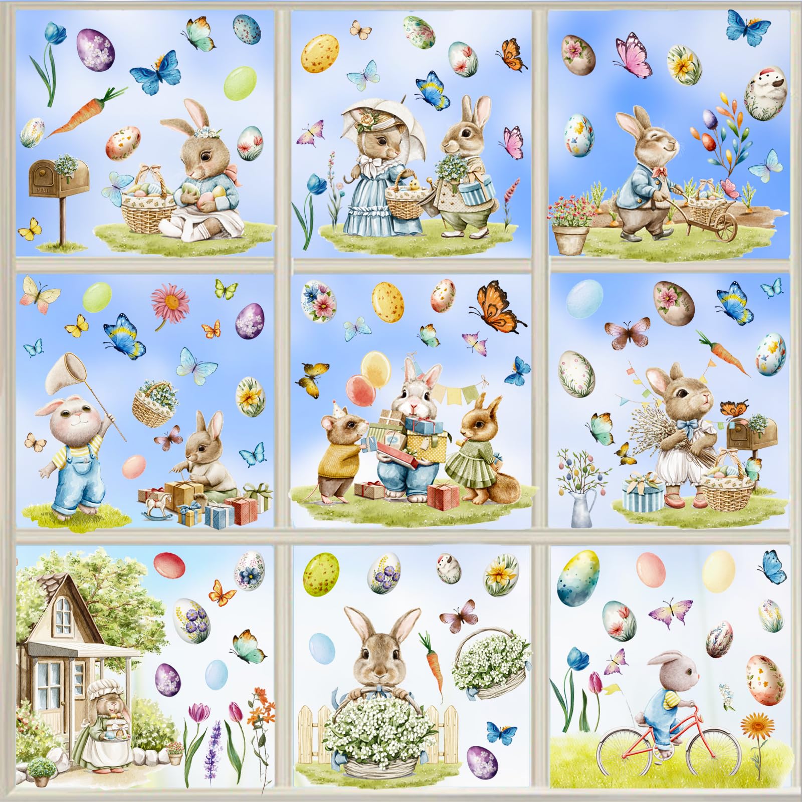 9 Stickers Fenêtre Printemps - Fleurs Papillons Oiseaux - Déco Vitre Réutilisable PVC