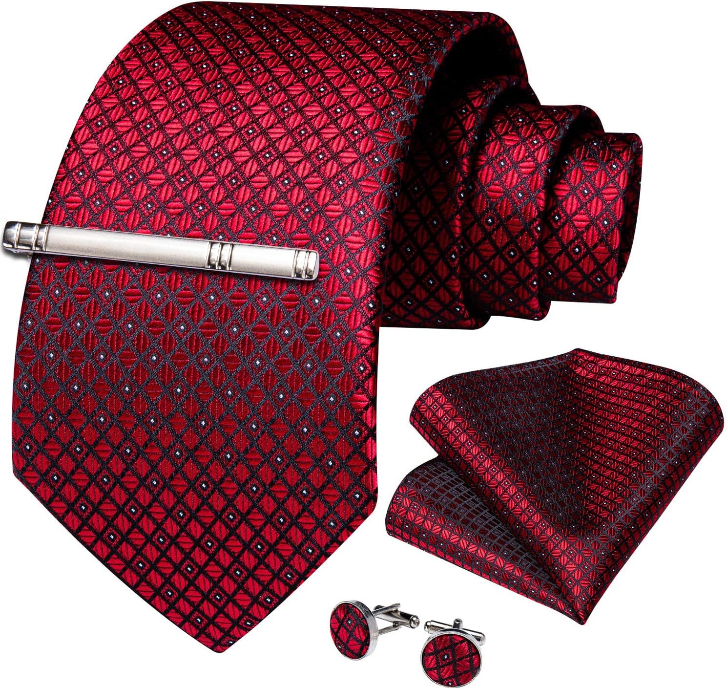 DiBanGu Plaid Ties for Men Silk Checkered Necktie and Pocket Square Cufflinks Tie Clip Set with Gift Box for Wedding Business - Image 3
