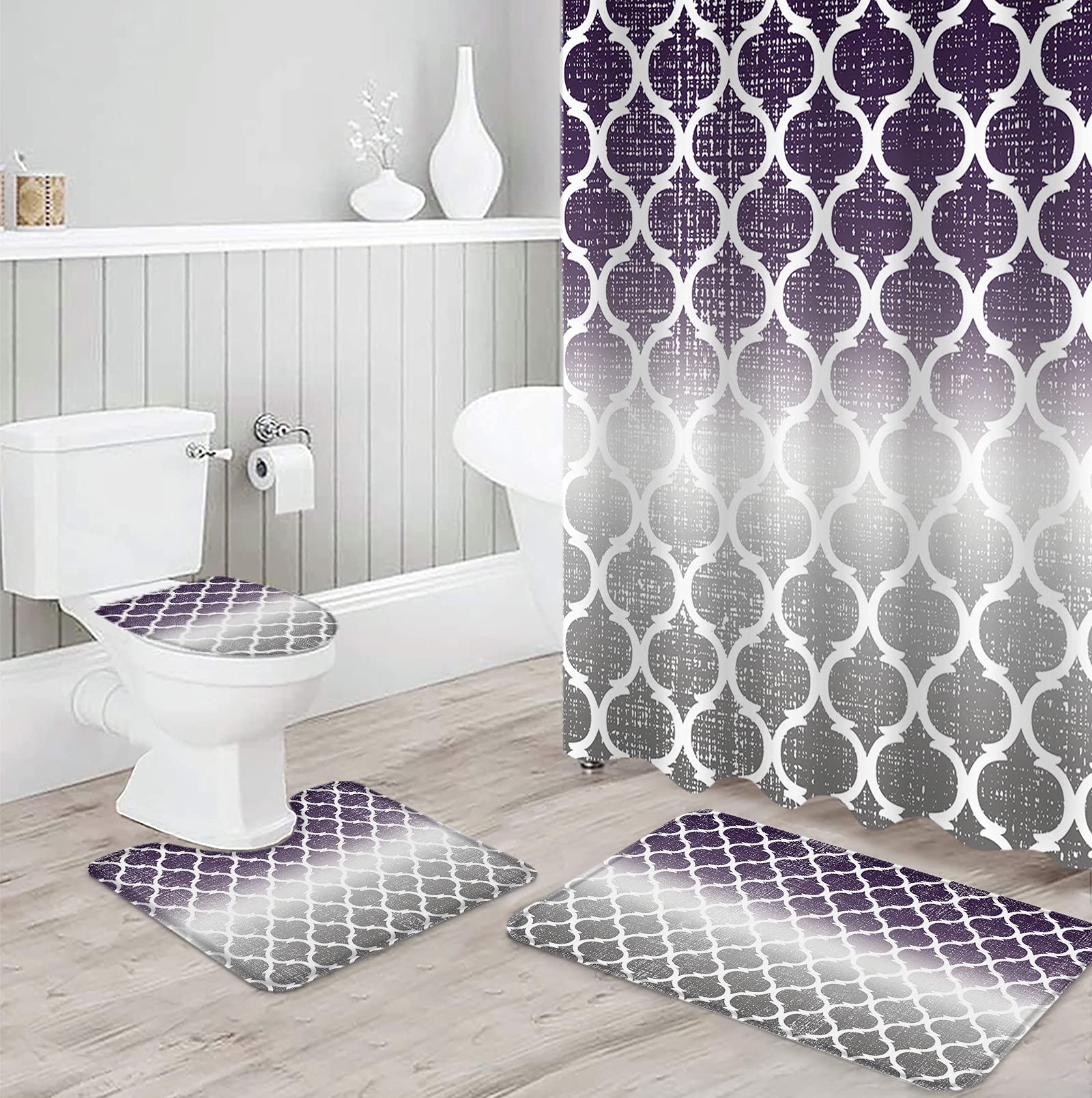 Juego De 4 Tapetes De Baño, Color Morado Oscuro, Gris, Blanco, A Rayas,  Decoración De Cortina De Ducha, Tapete De Baño Antideslizante Para Asiento  De Inodoro, image size:1600x1608