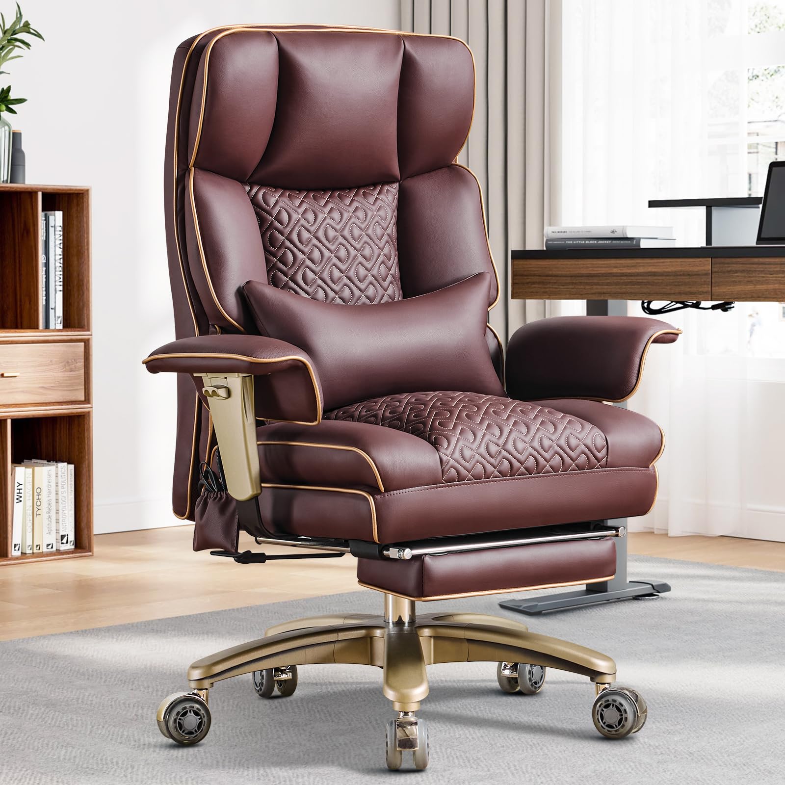 Hellove Sedia da Ufficio Ergonomica in Similpelle Marrone, Poltrona Direzionale Reclinabile con Poggiapiedi, Supporto Lombare ad Aria, Schienale Alto, Braccioli Regolabili, Ruote Silenziose