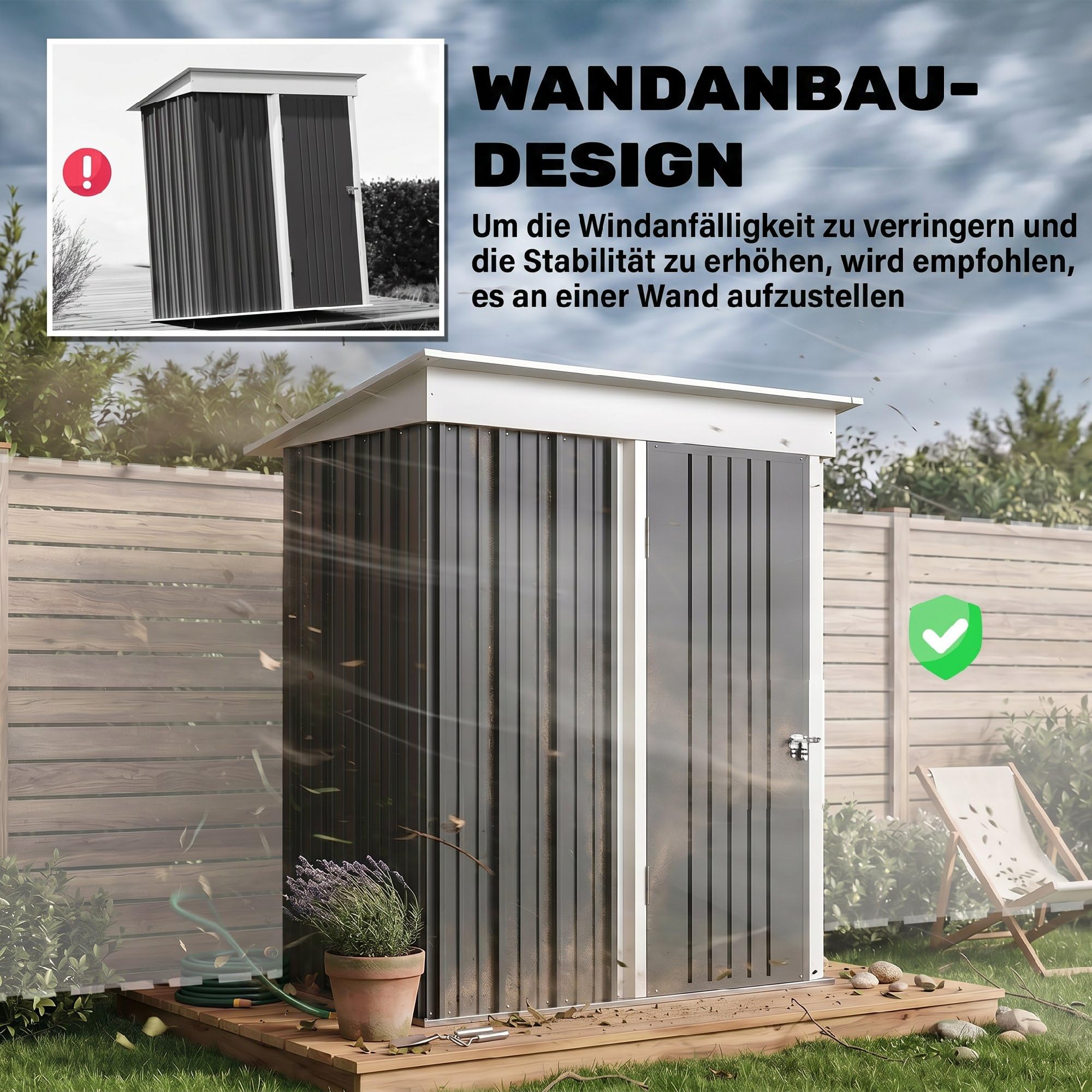 Outsunny Metalowy domek na narzędzia, 1,36 m², 161 x 95 x 181 cm, szopa na narzędzia z dachem jednospadowym, fundamentem, regulowane regały, zamykane drzwi, odporne na warunki atmosferyczne, domek