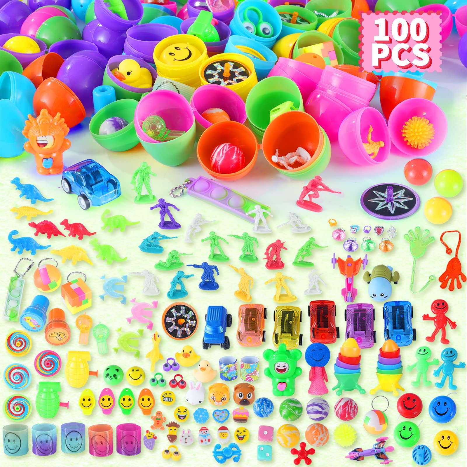 100 Easter Eggs with Toys inside Toys for Easter Eggs Filled, 2.5 Inches Plastic Easter Eggs for Easter Basket Stuffers, Easter Egg Hunt Fillers Easter Party Favors for Kids Toddlers Boys Girls