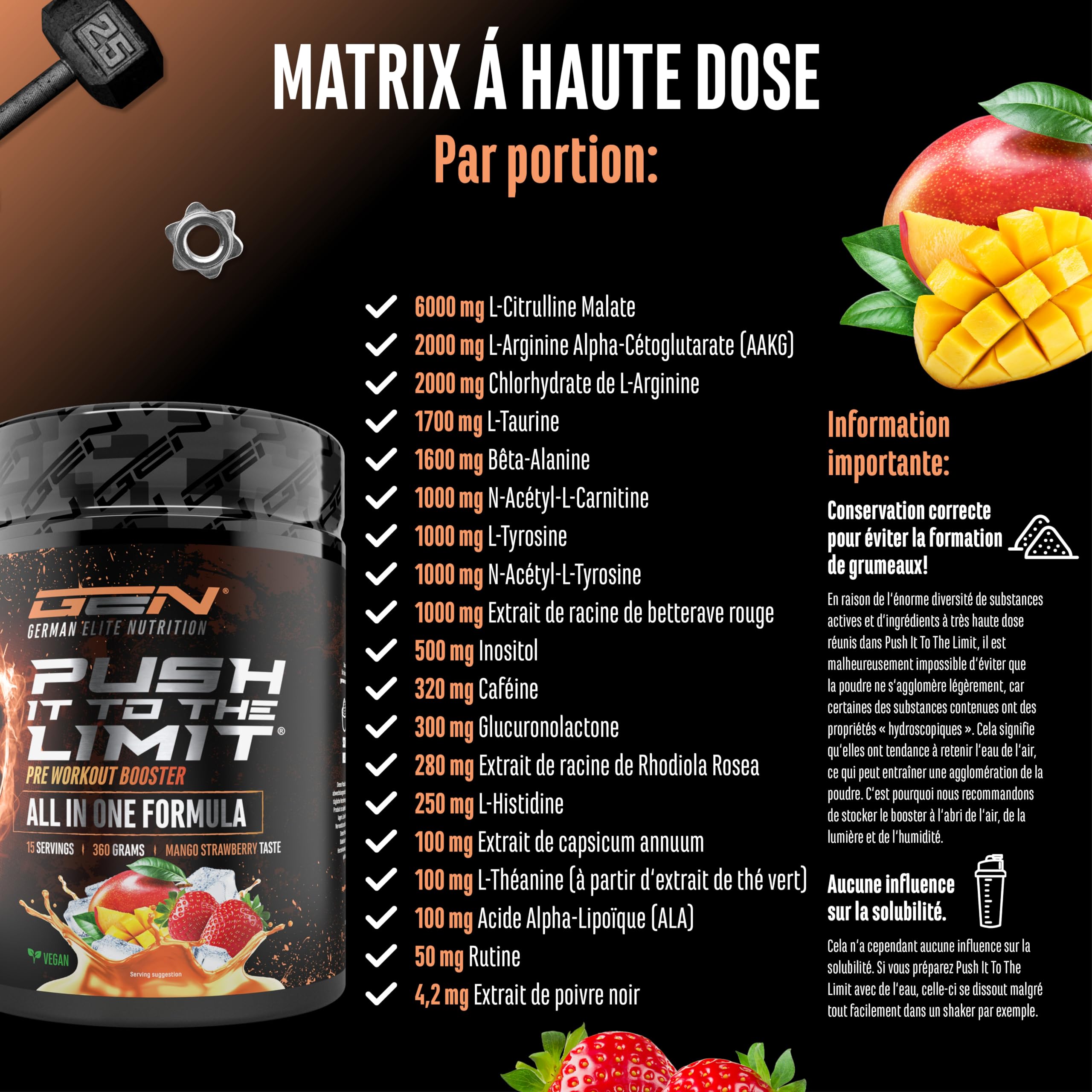 Push it to the Limit - Pré-Entraînement avec L-Arginine + Citrulline + L-Tyrosine + L-Théanine + L-Carnitine + AAKG + Taurine + Rhodiola Rosea + Caféine - Hautement Dosé - 360 g - Mangue Fraise