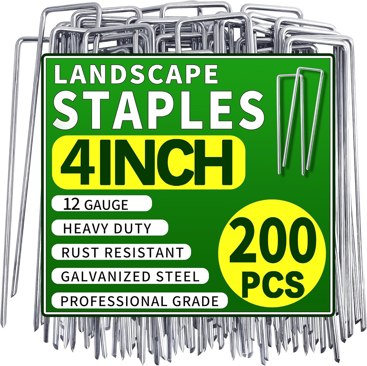 200 Pack Landscape Staples 4 Inch Garden Stakes Galvanized Garden Staples Pins Anti-Rust Ground Stakes for Weed Barrier, Irrigation Tubing, Landscaping Fabric, Yard Lawn