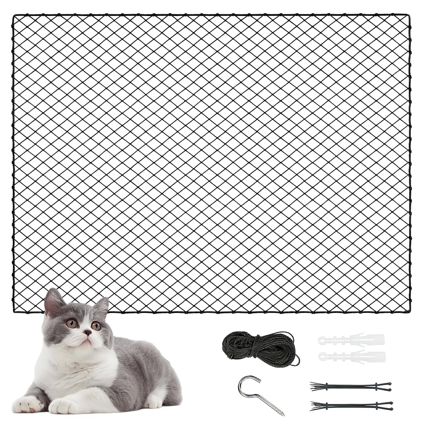 Red para Gatos de Balcón 3x2 m, Red de Seguridad para Gatos Reforzada con Alambre sin Taladrar, Red Protectora Negra para Balcón y Ventana, Resistente a Mordidas y Desgarros