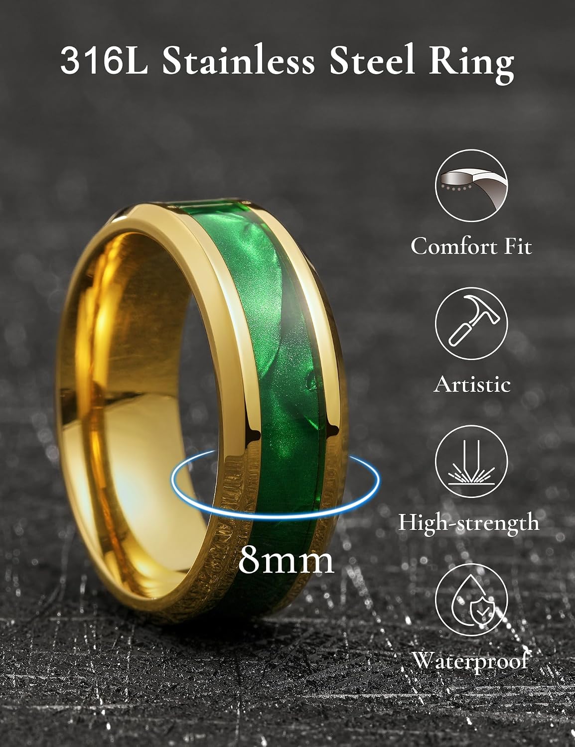 THREE KEYS JEWELRY 8mm Black Stainless Steel Rings, Men's Wedding Rings Green Shell Opal Inlay Beveled Edge Ring for Men Women, Comfort Fit, Durable